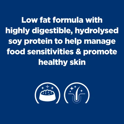 Low fat formula with highly digestible, hydrolysed soy protein to help manage food sensitivities & promote healthy skin. Szöveg angol nyelven.