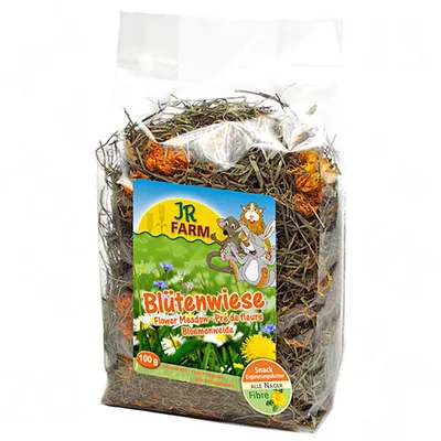 JR Farm Blütenwiese Pré de fleurs, snack pour rongeurs, 100 g. Texte visible : Snack Ergänzungsfutter, Alle Nager, Fibre.