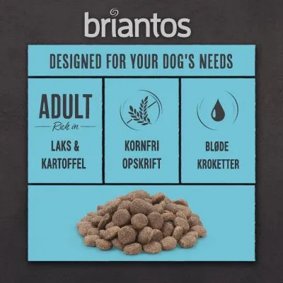 briantos, Designed for your dog's needs. Adult rich in laks & kartoffel, kornfri opskrift, bløde kroketter. Bild på bruna foderkulor. Text delvis på danska/engelska.