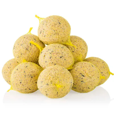Several yellow fat balls in nets, suitable for bird feeding.