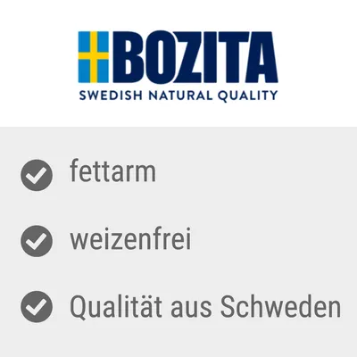 BOZITA SWEDISH NATURAL QUALITY. fettarm, weizenfrei, Qualität aus Schweden (текст на немецком языке)