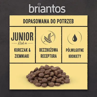 briantos JUNIOR kurczak & ziemniaki, bezzbożowa receptura, półwilgotne krokiety. Dopasowana do potrzeb. Widoczne karmowe krokiety.
