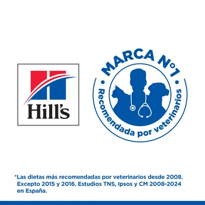 Hill's. Marca n.º 1, recomendada por veterinarios. Las dietas más recomendadas por veterinarios desde 2008 según estudios en España, excepto en 2015 y 2016.