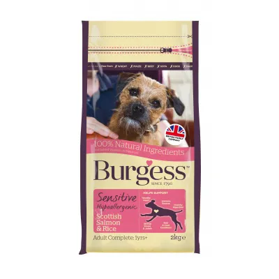 Burgess Sensitive Hypoallergenic Scottish Salmon & Rice, 100% natural ingredients, adult complete 1 year plus, 2kg. Features support for healthy digestion, skin and coat.