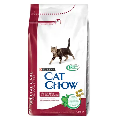 Pachet Purina Cat Chow Special Care Urinary Tract Health, 1,5 kg. Text vizibil: 80 years of experience in nutrition, specific natural ingredients, urinary tract health.