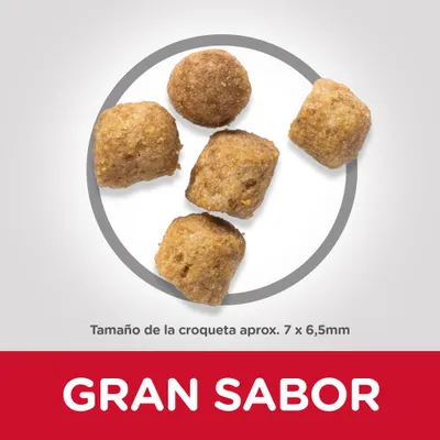 Croquetas de pienso, tamaño aproximado 7 × 6,5 mm. Texto visible: GRAN SABOR.