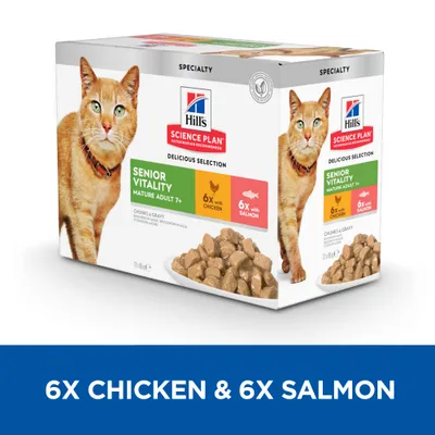Box of Hill's Science Plan Senior Vitality Mature Adult 7+ chunks in gravy, containing 6 with chicken and 6 with salmon. Text highlights '6x chicken & 6x salmon'.
