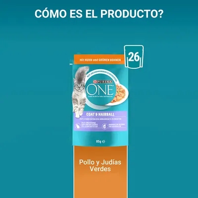 Purina ONE Coat & Hairball, 85 g, con pollo y judías verdes. Paquete muestra un gato y texto: ayuda a la salud del pelaje y reduce formación de bolas de pelo. 26 unidades.