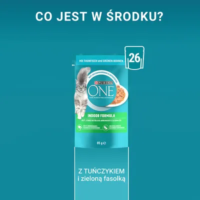 Purina ONE Indoor Formula, 85 g, z tuńczykiem i zieloną fasolką. Na opakowaniu kot oraz tekst: Mit Thunfisch und grünen Bohnen. Liczba 26 w ikonie saszetki.