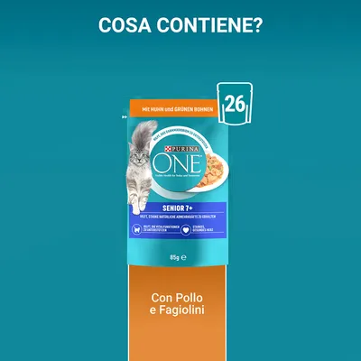 Purina ONE Senior 7+ cibo per gatti, 85g, con pollo e fagiolini. Testo visibile: aiuta le difese naturali, supporta le funzioni vitali, cuore sano. Indicazione 26 porzioni.