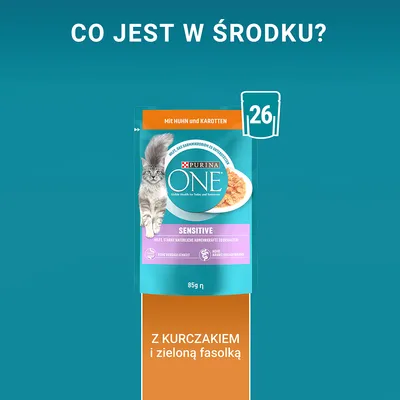 Purina ONE Sensitive, 85 g, z kurczakiem i zieloną fasolką. Opakowanie pokazuje kota, napis: Mit Huhn und Karotten, liczba 26 na ikonie saszetki.