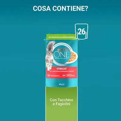 Purina ONE Sterilcat 85 g, con tacchino e fagiolini. Confezione da 26 bustine. Controllo del peso, supporta le difese naturali. Testo in tedesco: Mit Truthahn und grünen Bohnen.