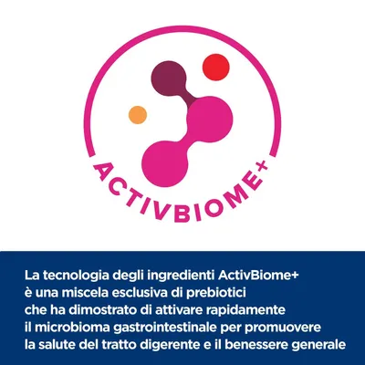 ACTIVBIOME+. La tecnologia degli ingredienti ActivBiome+ è una miscela esclusiva di prebiotici che attiva rapidamente il microbioma gastrointestinale per la salute digestiva e il benessere generale.