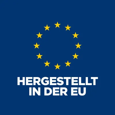 Hergestellt in der EU. Text mit gelben Sternen im Kreis auf blauem Hintergrund.