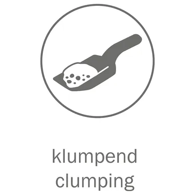 Symbol für klumpende Katzenstreu mit Schaufel und Text 'klumpend clumping'.