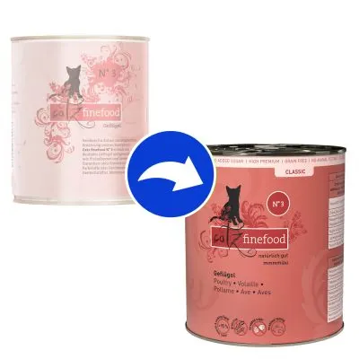Förpackningsändring: catz finefood N°3 Geflügel, burk med ny design. Synlig blå pil mellan gamla och nya förpackningen.