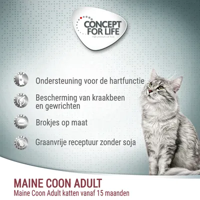 Concept for Life Maine Coon Adult kattenvoer. Ondersteuning voor de hartfunctie, bescherming van kraakbeen en gewrichten, brokjes op maat, graanvrije receptuur zonder soja. Voor katten vanaf 15 maanden.