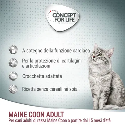 Concept for Life. A sostegno della funzione cardiaca, protezione di cartilagini e articolazioni, crocchetta adattata, ricetta senza cereali né soia. Maine Coon Adult.