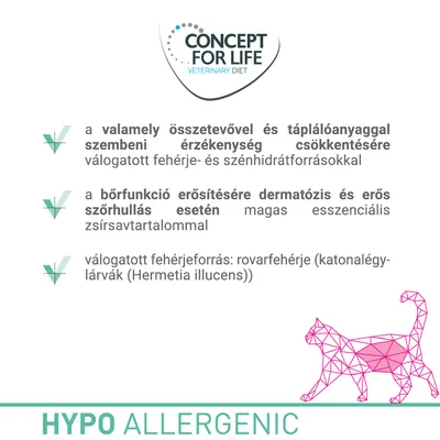 CONCEPT FOR LIFE VETERINARY DIET. Valamely összetevővel szembeni érzékenység csökkentése, bőr funkció erősítése, válogatott fehérjeforrás: rovarfehérje. HYPO ALLERGENIC.