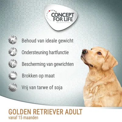 Concept for Life Golden Retriever Adult vanaf 15 maanden. Behoud van ideale gewicht, ondersteuning hartfunctie, bescherming gewrichten, brokken op maat, vrij van tarwe of soja.