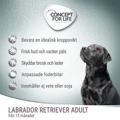 Concept for Life Labrador Retriever Adult från 15 månader. Bevara en idealisk kroppsvikt, frisk hud och päls, skyddar brosk och leder, anpassade foderbitar, innehåller ej vete eller soja.