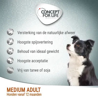 Concept for Life Medium Adult honden vanaf 12 maanden. Versterking van de natuurlijke afweer, hoogste spijsvertering, behoud van ideaal gewicht, hoogste acceptatie, vrij van tarwe of soja.