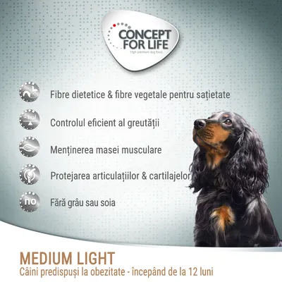 Concept for Life Medium Light. Fibre dietetice, control greutate, menținere masă musculară, protejare articulații, fără grâu sau soia. Câini predispuși la obezitate de la 12 luni.