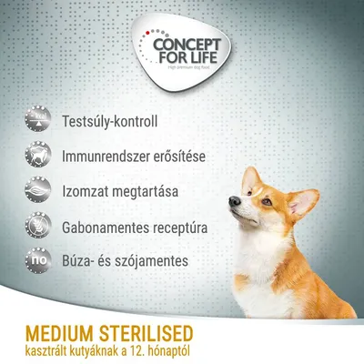 Concept for Life Medium Sterilised kasztrált kutyáknak a 12. hónaptól, testsúly-kontroll, immunrendszer erősítése, izomzat megtartása, gabonamentes, búza- és szójamentes