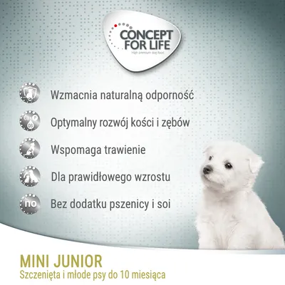 Concept for Life Mini Junior. Wzmacnia odporność, rozwój kości i zębów, wspomaga trawienie, wzrost, bez pszenicy i soi. Dla szczeniąt i młodych psów do 10 miesiąca.