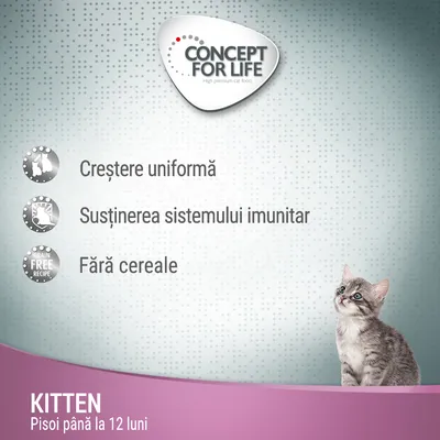Concept for Life. Creștere uniformă, susținerea sistemului imunitar, fără cereale. KITTEN Pisoi până la 12 luni.