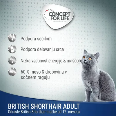 Concept for Life British Shorthair Adult: podpora sečilom, delovanju srca, nizka vsebnost energije in maščob, 60 % mesa in drobovine v sočnem raguju. Za odrasle British Shorthair mačke.