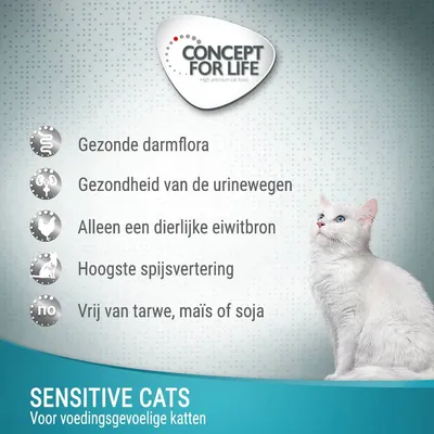 CONCEPT FOR LIFE Sensitive Cats. Gezonde darmflora, gezondheid van de urinewegen, alleen een dierlijke eiwitbron, hoogste spijsvertering, vrij van tarwe, maïs of soja. Voor voedingsgevoelige katten.
