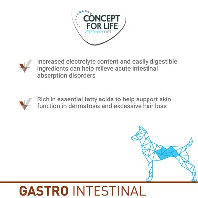 CONCEPT FOR LIFE VETERINARY DIET. GASTRO INTESTINAL. Increased electrolyte content and easily digestible ingredients, rich in essential fatty acids. Teksti englanniksi.