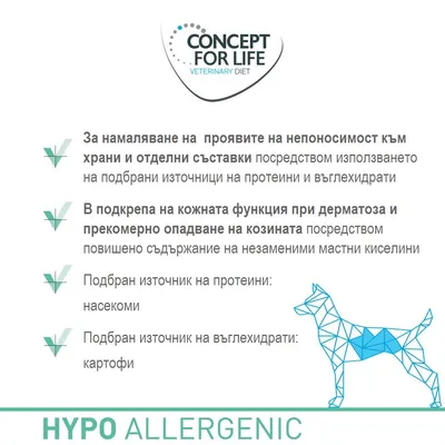 CONCEPT FOR LIFE VETERINARY DIET. За намаляване на проявите на непоносимост към храни и съставки, подкрепа на кожната функция, източник на протеини: насекоми, въглехидрати: картофи. HYPO ALLERGENIC