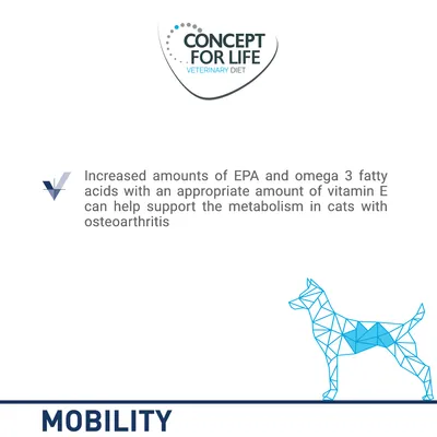 CONCEPT FOR LIFE VETERINARY DIET. Increased amounts of EPA and omega 3 fatty acids with vitamin E can help support metabolism in cats with osteoarthritis. MOBILITY.
