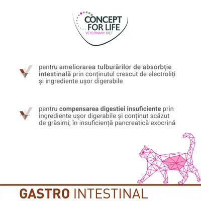 Concept for Life Veterinary Diet. Pentru ameliorarea tulburărilor de absorbție intestinală și compensarea digestiei insuficiente. GASTRO INTESTINAL.