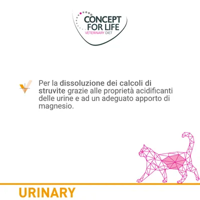 Concept for Life Veterinary Diet. Per la dissoluzione dei calcoli di struvite grazie alle proprietà acidificanti delle urine e ad un adeguato apporto di magnesio. URINARY.