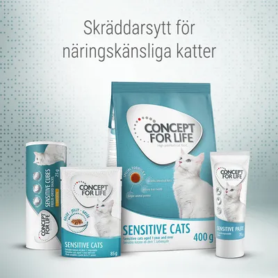 Concept for Life Sensitive Cats kattmat, våtfoder och pasta för näringskänsliga katter. Text: Skräddarsytt för näringskänsliga katter. Förpackningar med vit katt synliga.
