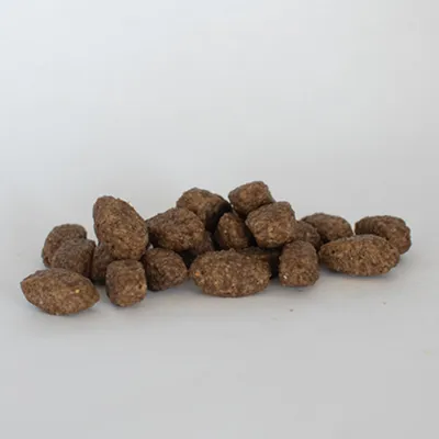 Pile of dry brown kibble pieces displayed on a plain background, showing the size and shape of the food.