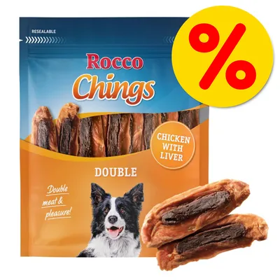 Rocco Chings DOUBLE -koiranherkut, Chicken with Liver. Pakkauksessa koiran kuva ja teksti: Double meat & pleasure! Keltainen prosenttimerkki oikeassa yläkulmassa.