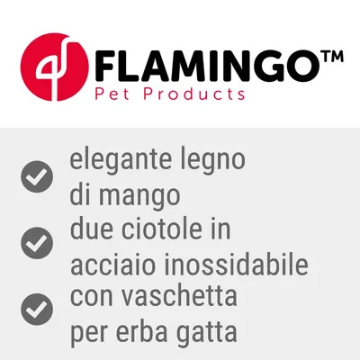 FLAMINGO Pet Products. elegante legno di mango, due ciotole in acciaio inossidabile, con vaschetta per erba gatta.