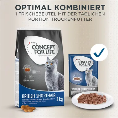 Concept for Life British Shorthair Katzenfutter, 3kg Trockenfutter und Frischebeutel. Optimal kombiniert für ausgewachsene British-Shorthair-Katzen ab dem 12. Lebensmonat.