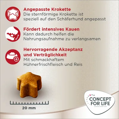 Sternförmige Krokette, angepasst für Schäferhunde. Fördert intensives Kauen, verlangsamt Nahrungsaufnahme. Hervorragende Akzeptanz mit Hühnerfrischfleisch und Reis. Grösse: 20 mm.