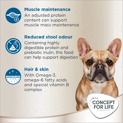 Muscle maintenance: adjusted protein content; Reduced stool odour: digestible protein, prebiotic inulin; Hair & skin: Omega-3, omega-6 fatty acids, vitamin B complex. Concept for Life brand.