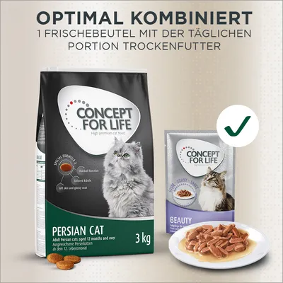 Sachet de croquettes Concept for Life Persian Cat 3 kg et sachet fraîcheur Beauty, avec texte allemand : Optimal kombiniert, 1 Frischebeutel mit der täglichen Portion Trockenfutter.