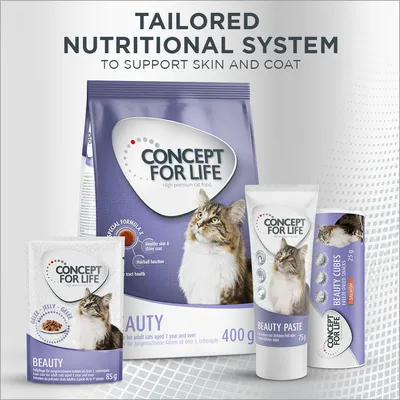 Concept for Life Beauty range with text: Tailored nutritional system to support skin and coat. Special formula for healthy skin, shiny coat, hairball function, and urinary tract health.