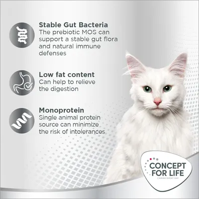 Text: Stable Gut Bacteria, Low fat content, Monoprotein. Concept for Life caring every day. Prebiotic MOS, single animal protein source, low fat content benefits described.