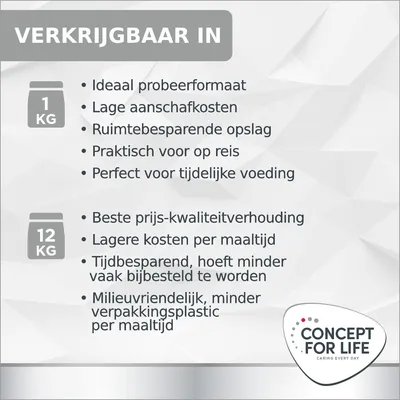 Verkrijgbaar in 1 kg: ideaal probeerverpakking, lage aanschafkosten, ruimtebesparend, praktisch voor op reis. 12 kg: beste prijs-kwaliteit, lagere kosten, tijdbesparend, milieuvriendelijk. Concept for Life.