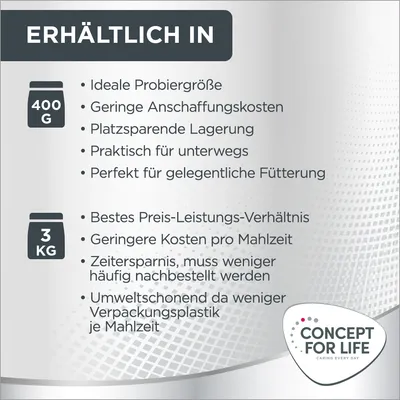 Erhältlich in 400g: ideale Probiergrösse, platzsparend, praktisch für unterwegs. Erhältlich in 3kg: bestes Preis-Leistungs-Verhältnis, geringere Kosten pro Mahlzeit, umweltschonend.
