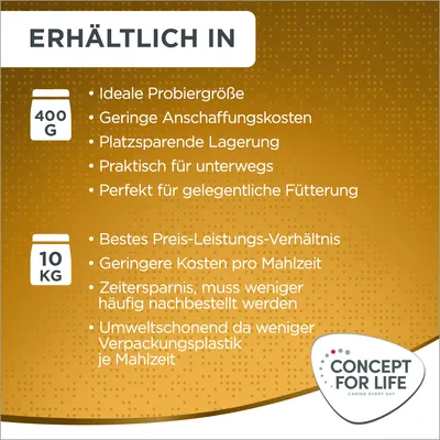 Erhältlich in 400g: ideale Probiergrösse, praktisch für unterwegs. Erhältlich in 10kg: bestes Preis-Leistungs-Verhältnis, umweltschonend durch weniger Verpackungsplastik je Mahlzeit.